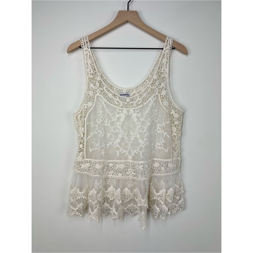 Express Cream Crochet Lace Embroidered Sheer Net Ruffle Overlay Tank Top, L